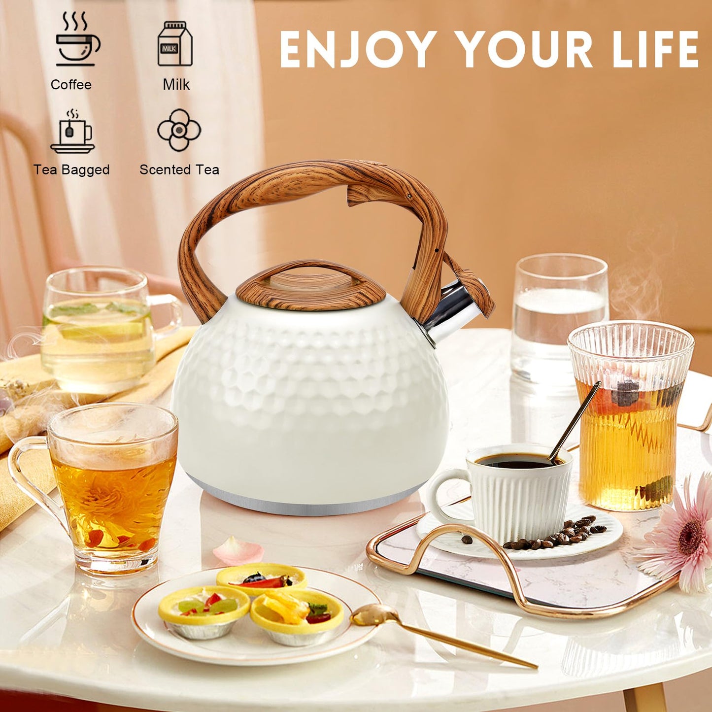 GGC Tea Kettle for Stove Top, Loud Whistling Kettle for Boiling Water Coffee or Milk, 3.1 Quart 3L Heavy Stainless Steel White Kettles with Wood Pattern Handle, Unique Button Control Kettle Outle