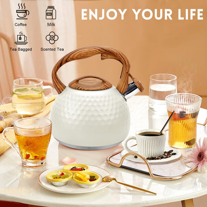GGC Tea Kettle for Stove Top, Loud Whistling Kettle for Boiling Water Coffee or Milk, 3.1 Quart 3L Heavy Stainless Steel White Kettles with Wood Pattern Handle, Unique Button Control Kettle Outle