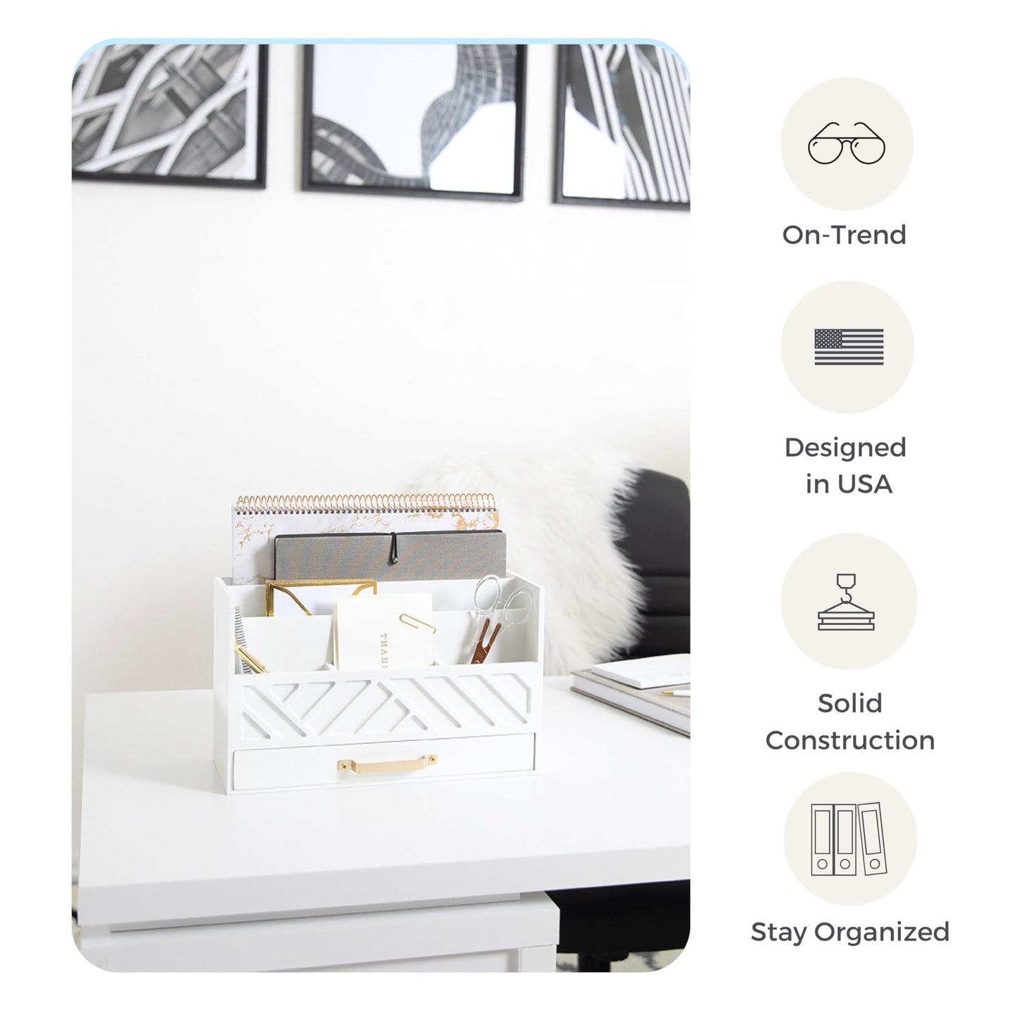 BLU MONACO | White Wooden Desk Organizer & Mail Organizer with Drawer & Gold Handle | Mail Sorter Countertop | 6 Compartments | White Desktop Organizer for Desk