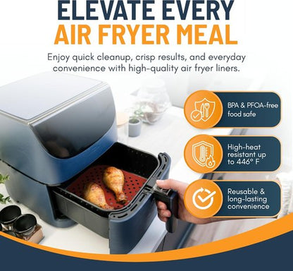 Linda’s Essentials Reusable Square Silicone Air Fryer Liners - Non-Stick, Easy-Clean 8.5 Inch (3 Pack) with Cheat Sheet & Recipe Book