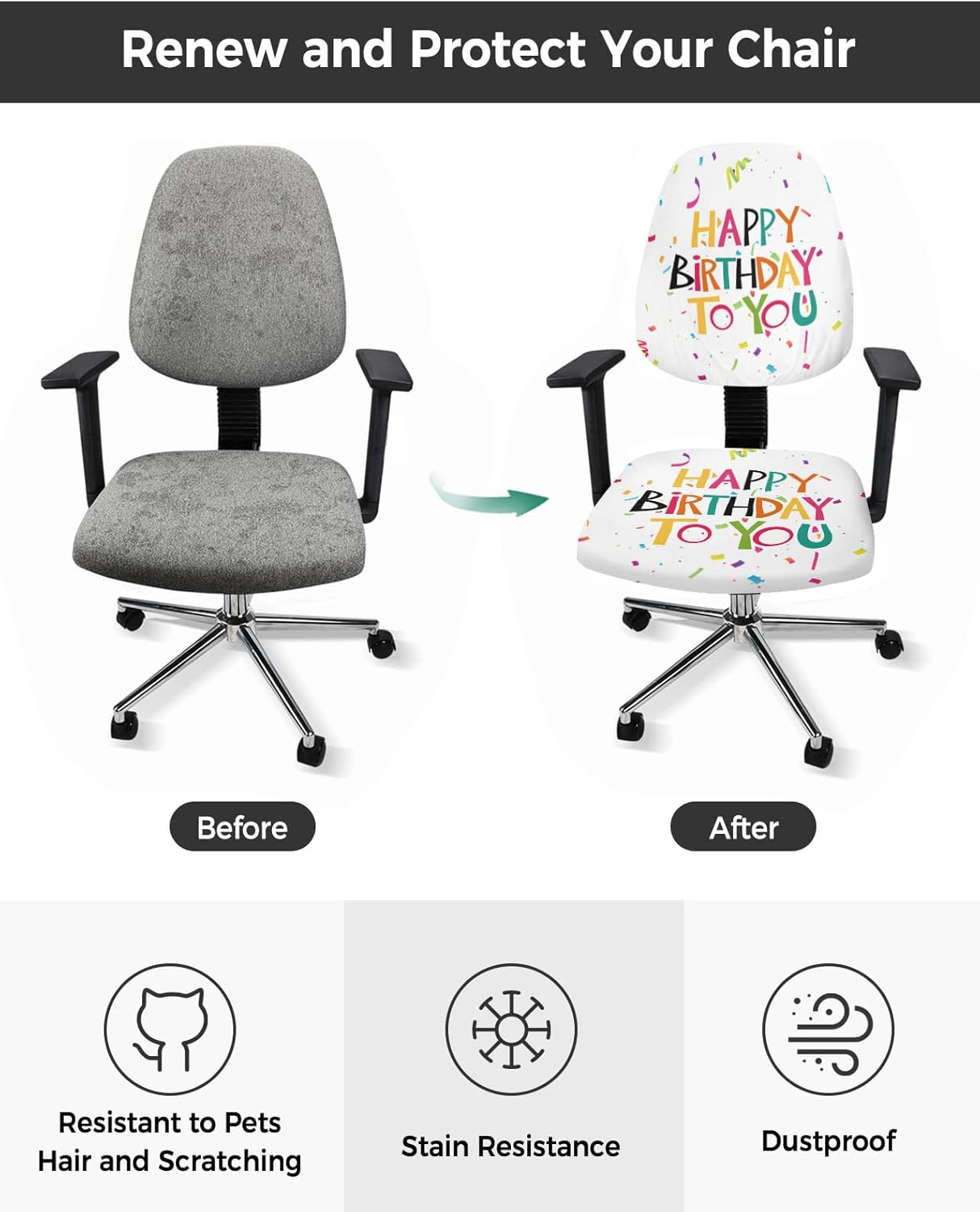 Office Chair Cover - Happy Birthday to You Decoration, Stretch Elastic Universal Cover for Desk Task Chair (1pcs)