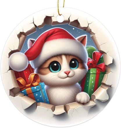 3D Cute Cat in Santa Hat with Presents Christmas Ornament - Fun 2023 Xmas Tree Decoration - 3" Round PVC Ornament