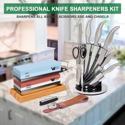 Wucgea Knife Sharpening Stone Kit - 400/1000 3000/8000 Grit Japanese Whetstone Set with Non-Slip Rubber Base, Angle Guide, Flattening Stone and Leather Strop