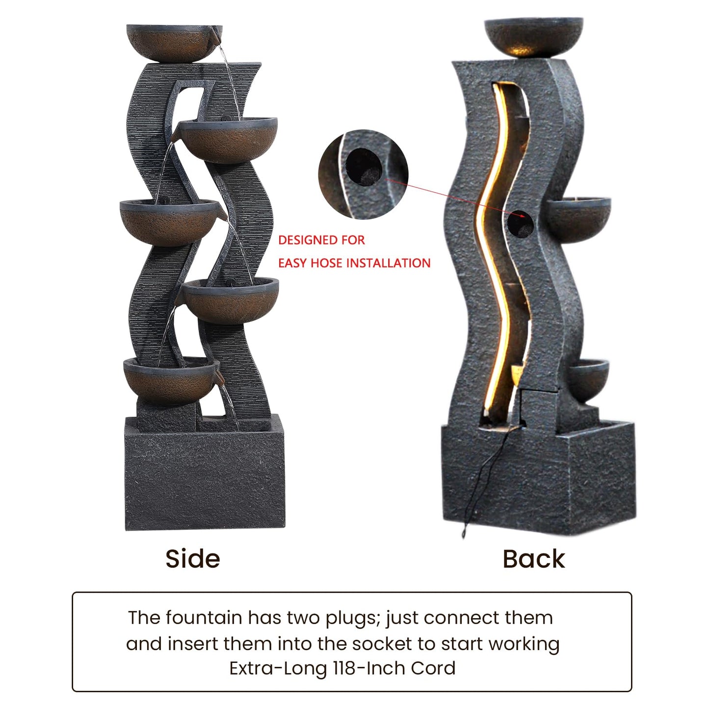 Takamota 52.8" Tall Outdoor Water Fountain with Lights, 6-Tier Cascading Resin Waterfall Feature for Porch, Garden, Yard, Deck, Patio – Large Freestanding Outdoor Fountain and Waterfall Outside Decor