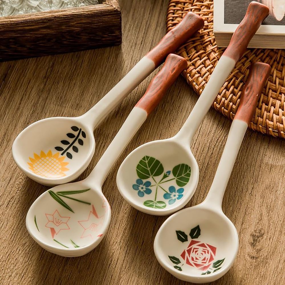 Set of 4 Ceramic Soup Spoons, Asian Tablespoon for Ramen, Pho, Wonton, Dumplings, Miso - Chinese and Japanese