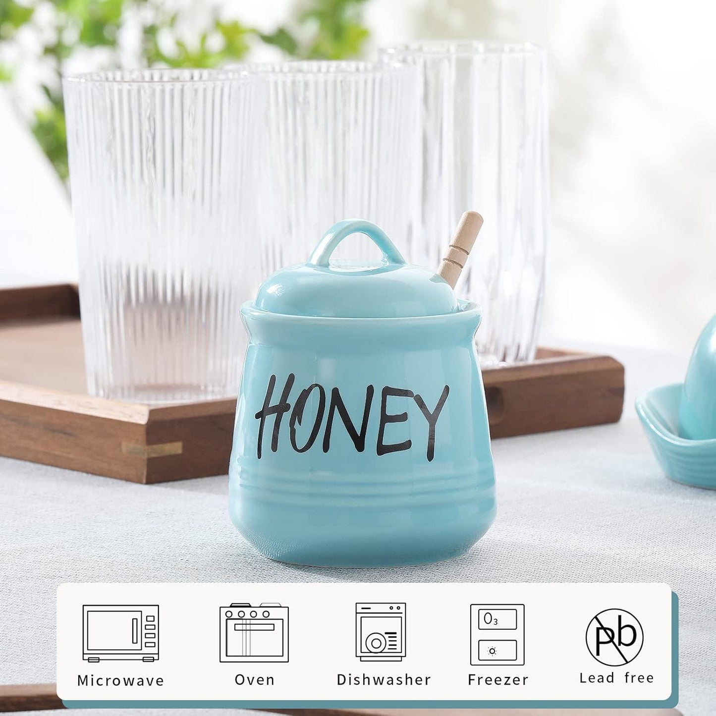 12oz HAOTOP Porcelain Honey Jar with Lid and Honey Dipper (Turquoise)