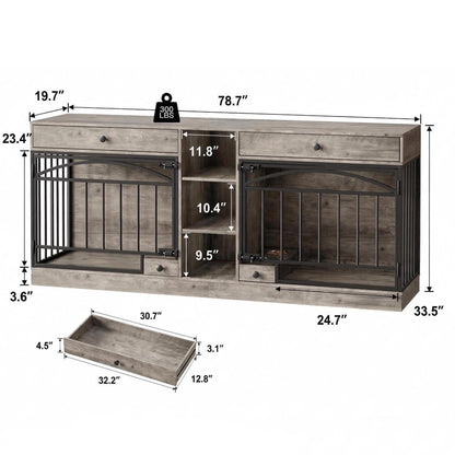 GarveeHome Dog Crate Furniture for 2 Dogs, Dog Kennel Indoor with Storage and Feeding Bowls, Double Dog Crate TV Stand for Small Medium Dogs, Grey