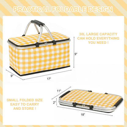 IACTIVE Insulated Picnic Basket，Collapsible Picnic Basket，30L Large Market Basket with Lid，2 Sturdy Handles，Storage Basket for Picnic，for Food Delivery，Take Outs，Market Shopping，Travel(Yellow Grid)