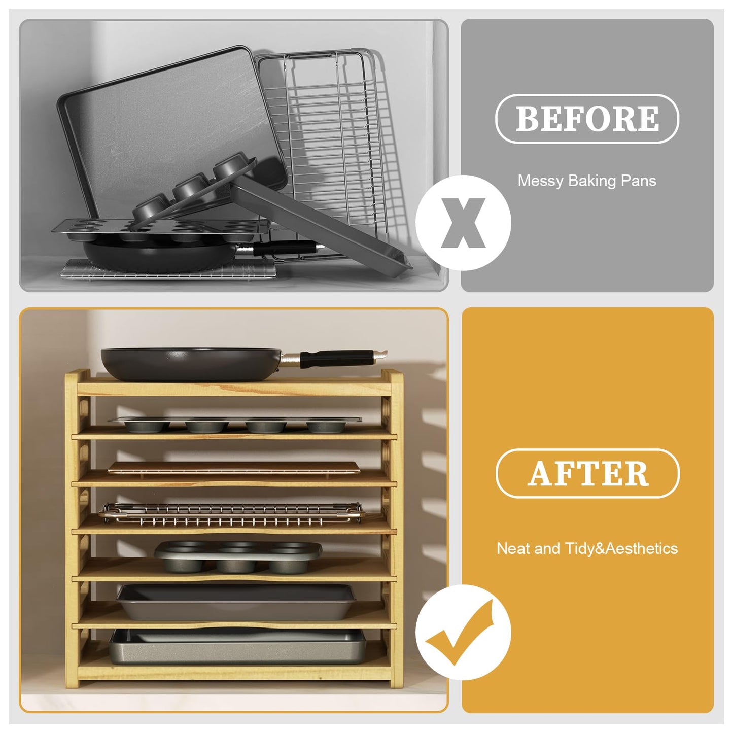 sandpaint 7 Tier Wooden Tray Dividers for Cabinets, Kitchen Cookie Sheet Organizer for Cabinet, Vertical pans, Baking trays, Cutting Board