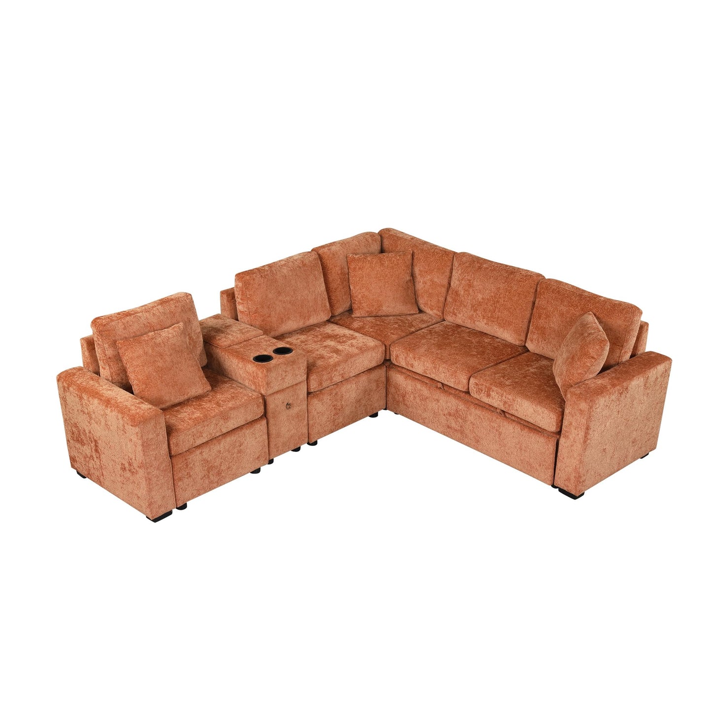 Merax 120.5" L-Shaped Sectional Sofa, Modular Convertible Couch Reversible Sleeper with Pull-Out Bed, Cup Holders, and Ample Storage for Living Room, Orange