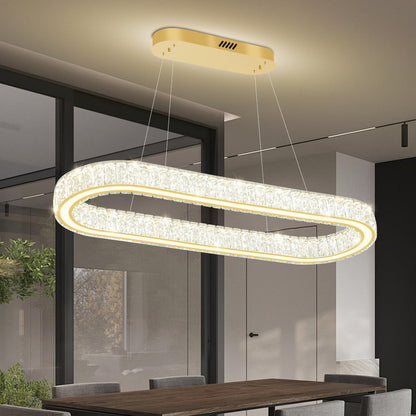 IDEQUY Gold 40in Crystal Ring Chandeliers for Dining Room Dimmable Linear Oval Crystal Ring Pendant Light for Kitchen Island 1 Linear Chandelier LED Acrylic Pendant Lighting
