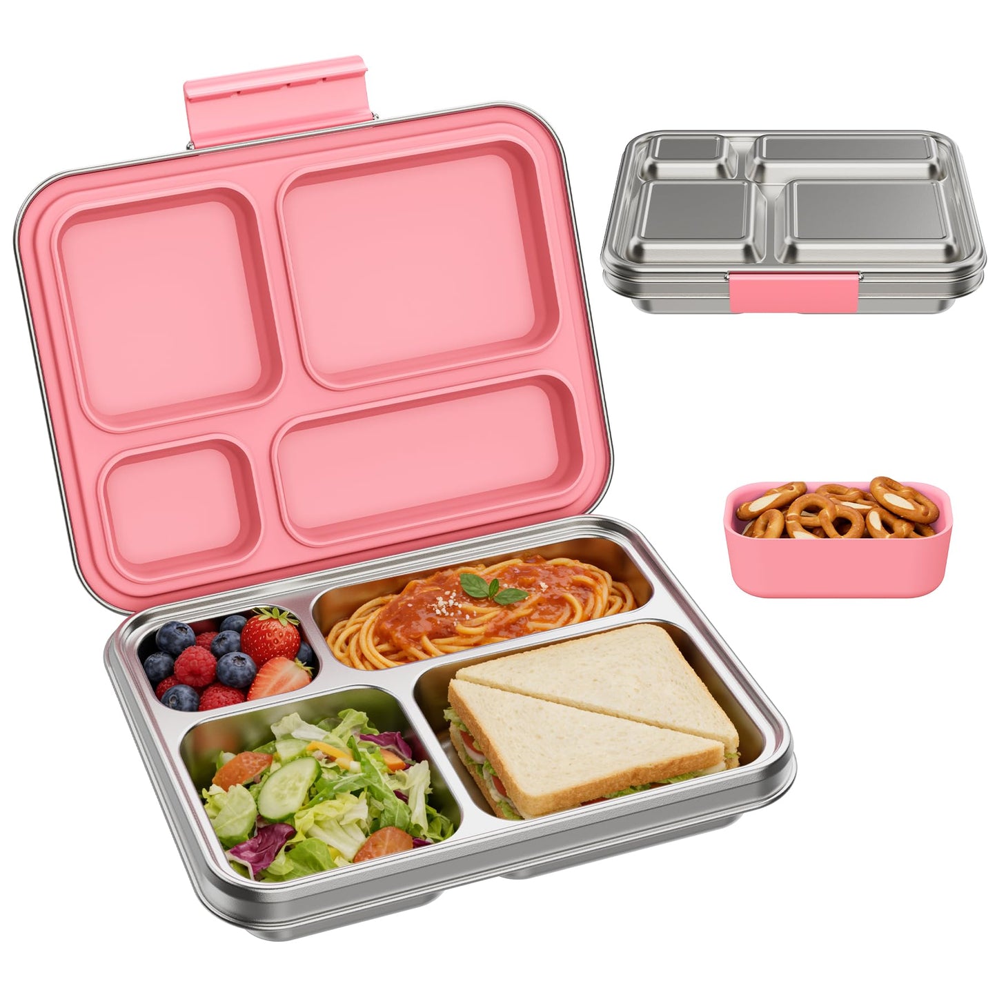 BABHAMNESS Stainless Steel Kids Bento Lunch Box, 4-Compartments with Silicone Container, Dishwasher-Safe, Child-Friendly Design for School and Travel,BPA-Free(Pink)