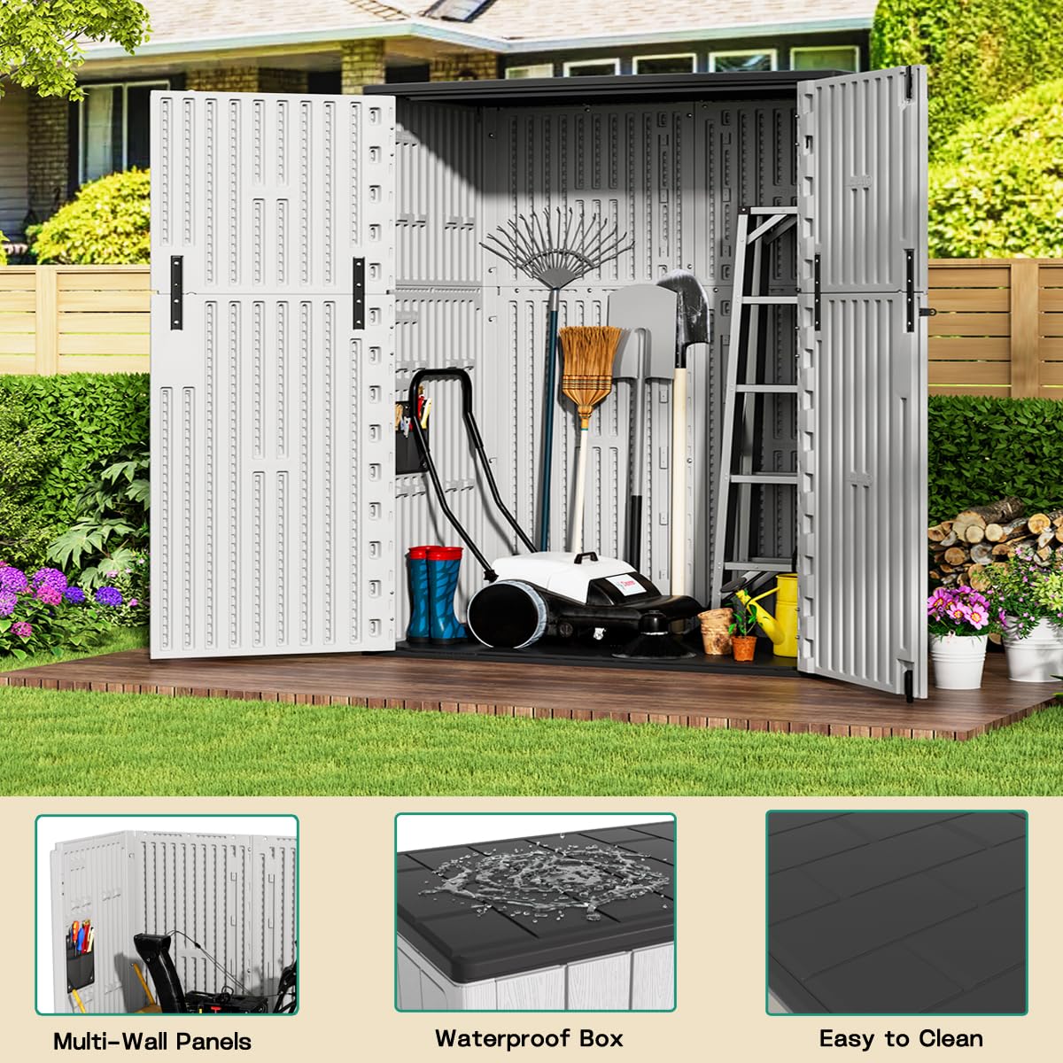 KINYING Outdoor Vertical Storage Shed,57 Cu.ft Outdoor Storage Cabinet Waterproof,Resin Sheds & Outdoor Storage Clearance for Garden,Patio,Backyard,Lockable (Grey)