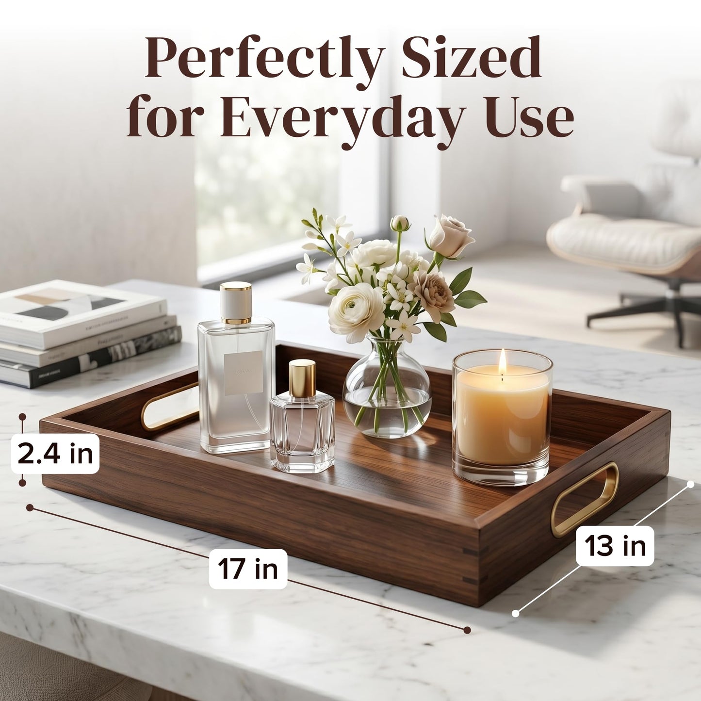 Jack & Juliet Teak Wood Ottoman Tray – Large Wooden Multifunctional Tray with Real Brass Handles - Non Slip Base in Food-Safe Finish - Gift-Ready Packaging for Coffee Table and Home Decor (Walnut)