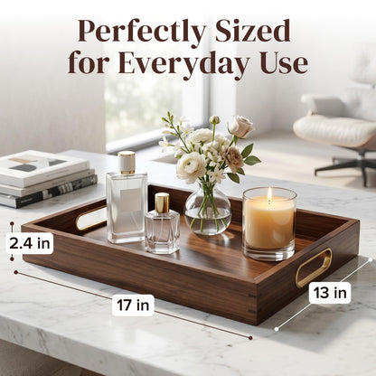 Jack & Juliet Teak Wood Ottoman Tray – Large Wooden Multifunctional Tray with Real Brass Handles - Non Slip Base in Food-Safe Finish - Gift-Ready Packaging for Coffee Table and Home Decor (Walnut)