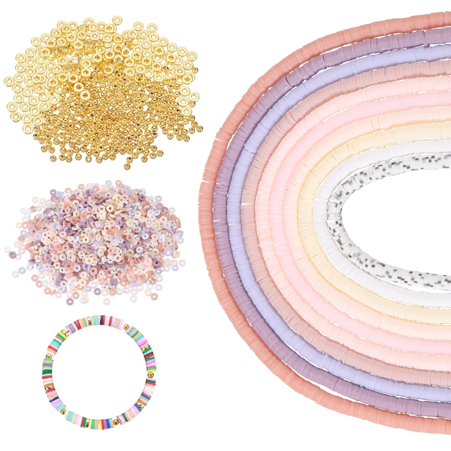 MECCANIXITY 4900 PCS 10 Strands Polymer Clay Beads Bracelet Making Kit for Jewelry Making, with Flat & Round Heishi Gold Spacers Beads for DIY Bracelets Necklace Jewelry, 6mm Morandi Colors
