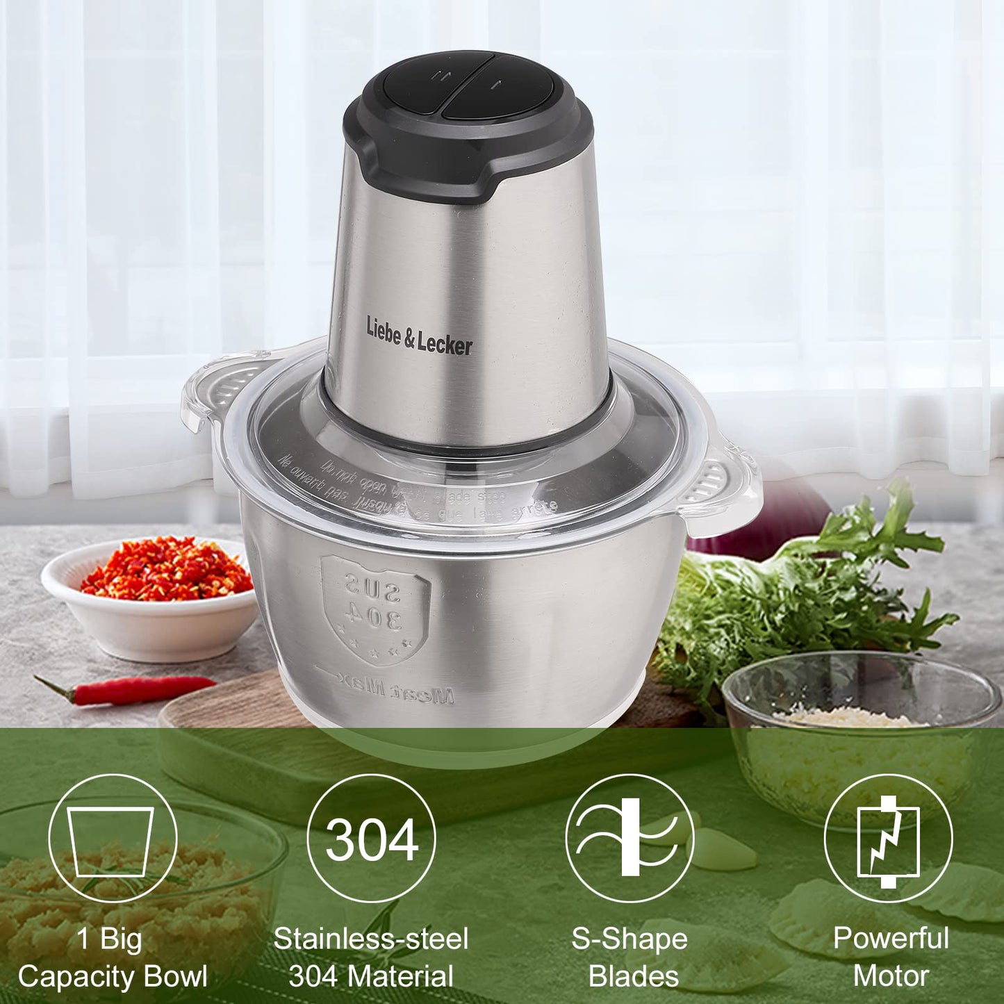 Liebe&Lecker Food Processor, Meat Grinder with 1 Bowl 8 Cup, Electric Food Chopper with 4 Large Sharp Blades for Meat, Fruits, Vegetables, Baby Food, Nuts, 2 Speed