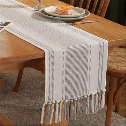 13 90 Inch Caflife Boho Table Runner Natural Stripe for Modern Farmhouse Coffee Table Decor, Rustic Woven Runner