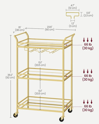 VASAGLE Bar Cart Gold, Small Home Bar Serving Cart with 3-Tier Mirrored Shelf, Wine Holders, Glass Holders, for Small Spaces, Kitchen, 15 x 23.6 x 36.2 Inches, Gold ULRC100A01