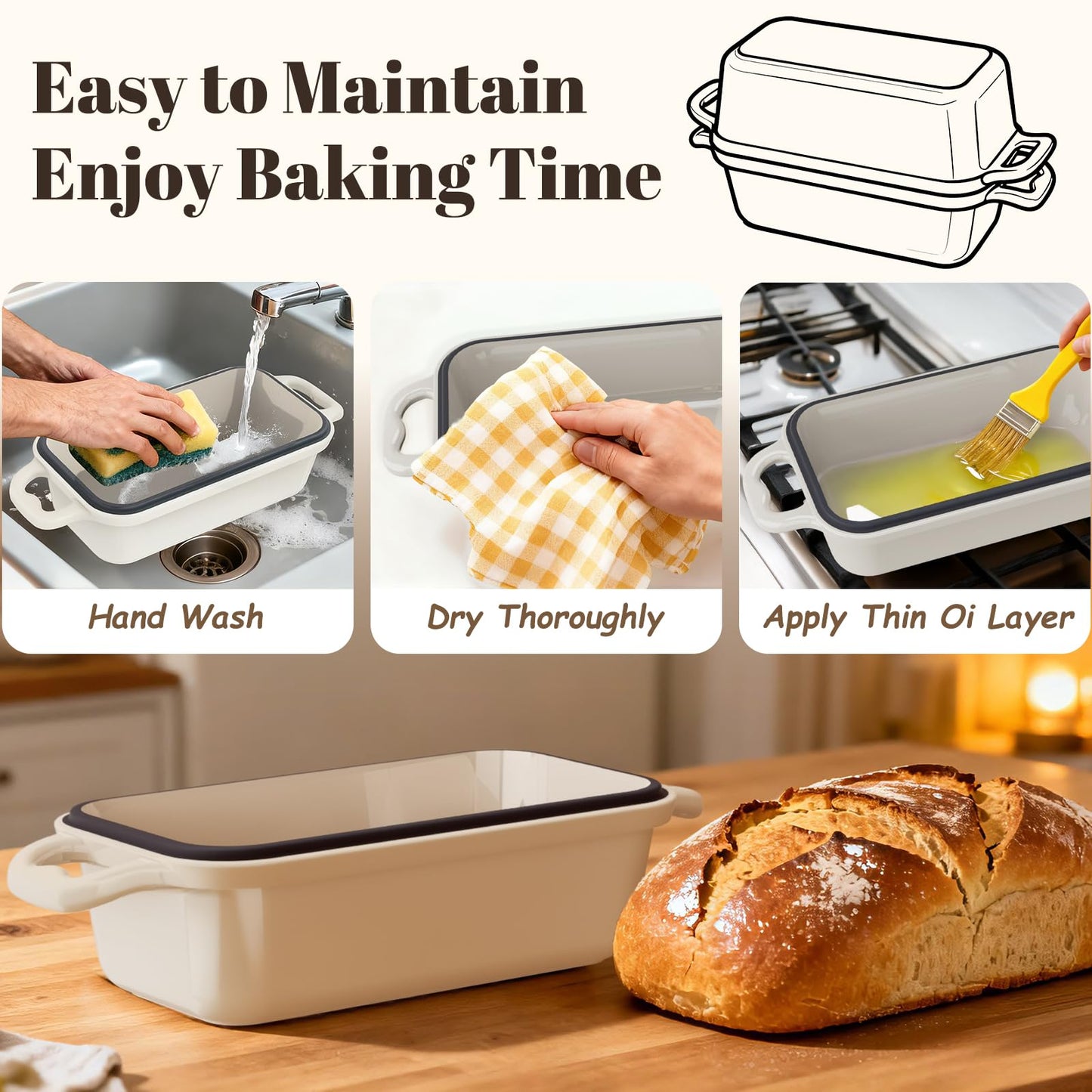 DYCYRQ Enameled Cast Iron Sourdough Bread Dutch Oven, Cast Iron Loaf Bread Pan for Homemade Bread Baking, 2PCS 8.5 x 4.5 Inch Meatloaf Pan with Lid, Oven Safe, Cream