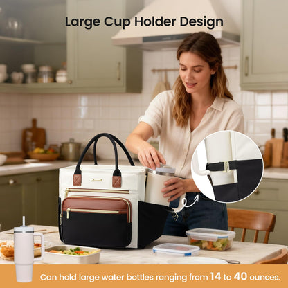LOVEVOOK Insulated Lunch Bag Women,Wide Opening Adult Lunch Box Women,Large Leakproof Cooler Bag for Work Picnic Beach Family College,Lunch Teacher Tote Bag with Adjustable Shoulder Strap Cup Holder