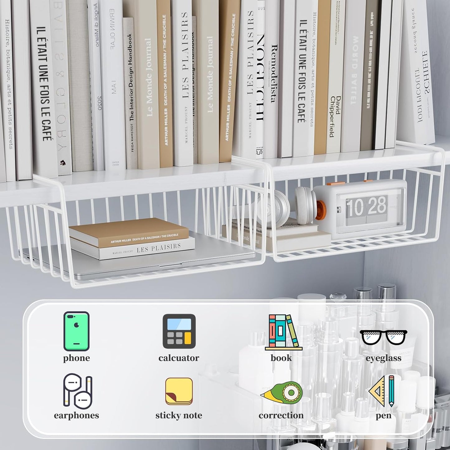 SUFAUY Under Shelf Basket Organizer, Slides Under Cabinet Shelf Storage Bin Holds up to 22lbs, 6 PCS (White)