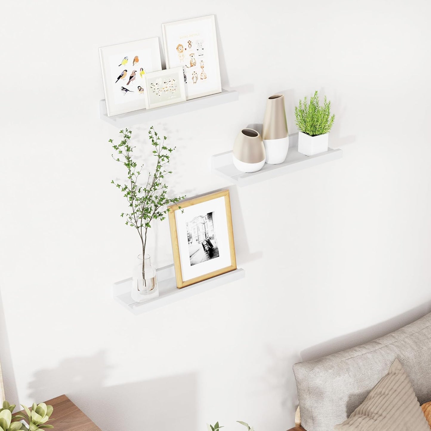16 inch Set 3, Floating Shelves for Wall, Solid Wood Picture Ledge Shelf for Wall Storage, Nursery Book Shelves