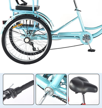 DONGSHAN Tricycle Adult Folding Bicycle Comfortable seat 3 Wheel Bicycle Rear Enlarged Vegetable Basket Double Chain 20/24in for Parents and Children Maximum Load 440lbs 7speed (24in-Blue)