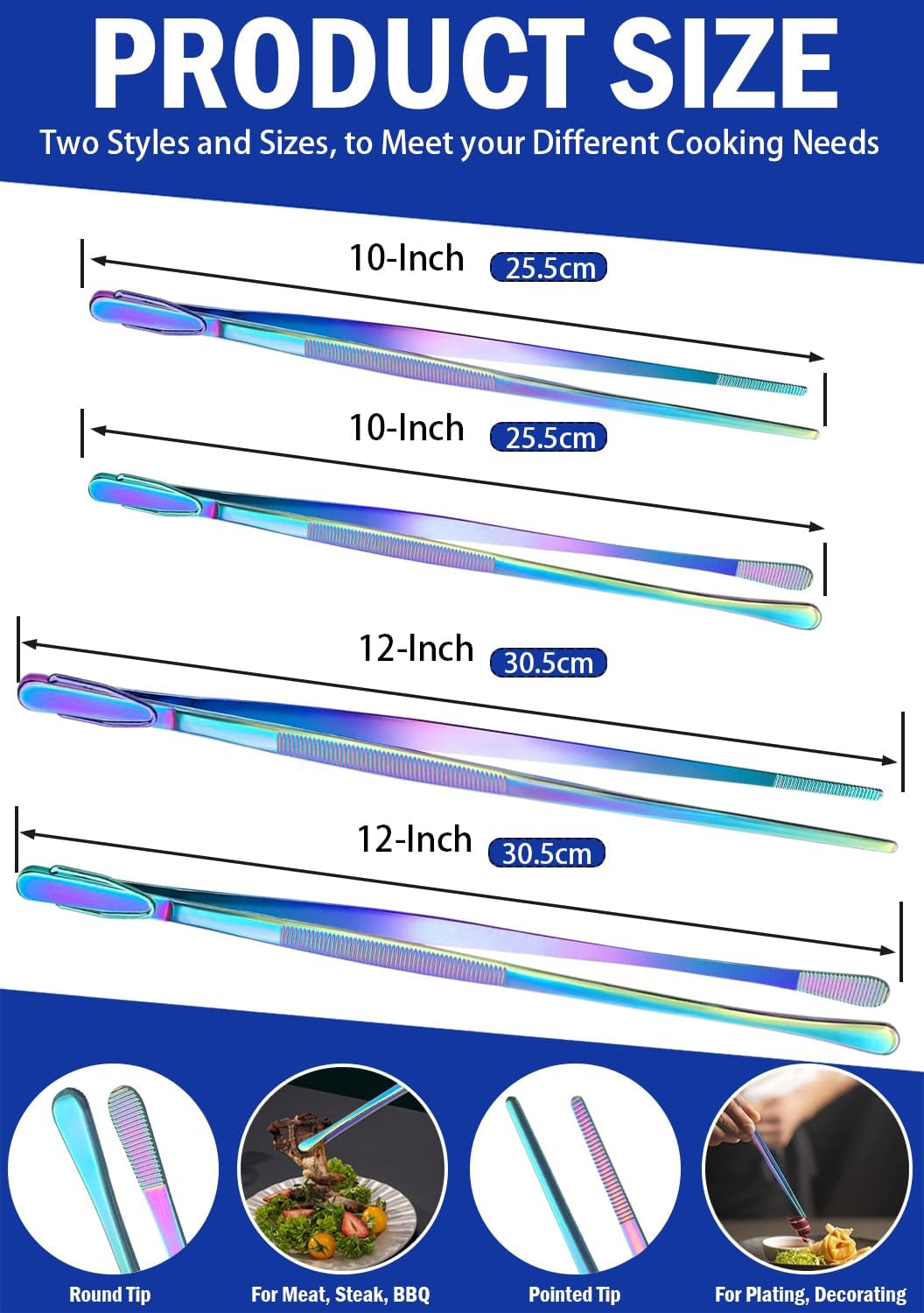 JETKONG 4 Pcs Kitchen Tweezers Set, 12'' and 10'' Stainless Steel Cooking Tweezers for BBQ and Seafood