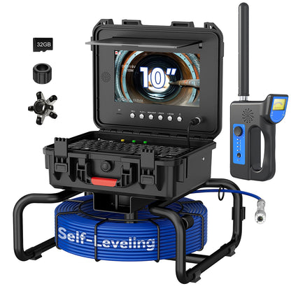 JINXINEBAY 10 Inch IPS Sewer Inspection Camera with 512Hz Locator, 1080P AHD, 50M Cable, DVR, Auto Self-Leveling, 5X Zoom, TF Card, LED Lights for Pipe/Wall/Drain (100FT/512hz Locator)