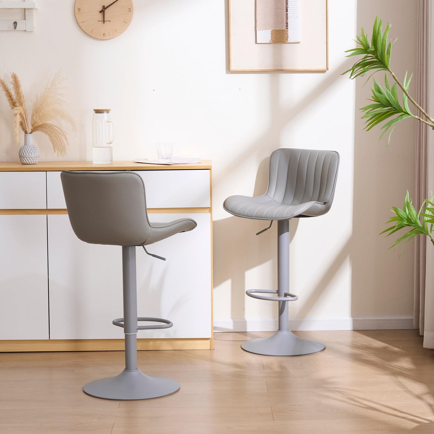 YOUNIKE Grey Bar Stools Set of 2 with Padded Back Adjustable Height Comfy Upholstered Faux Leather Bar Chairs Modern Swivel Kitchen Counter Barstools for Home Breakfast Island