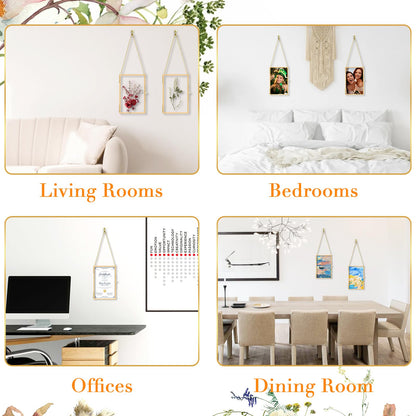 Pressed Flower Frames with Hanger & Tweezer & Dried Flowers, 4 x 6 Inch Wall Double Glass Floating Hanging Picture Photo Frame with Chain for Wall Decor and Display, Hanging Picture or Artwork (Gold)