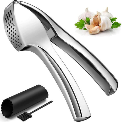 Heavy Duty Garlic Press, Zinc Alloy Garlic Crusher & Mincer, Easy Squeeze Garlic Press Tool with Ergonomic Handle, Garlic Mincer with Peeler Tube & Cleaning Brush for Kitchen Cooking