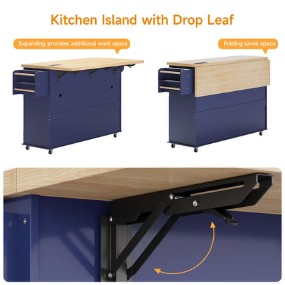 ComfyCorner 60" Rolling Large Kitchen Island on Wheels with Extendable Table, Drop Leaf & Power Outlet, Mobile Kitchen Cart with Storage Cabinet, 2 Drawers, Spice Rack, Towel & Knife Holder, Blue