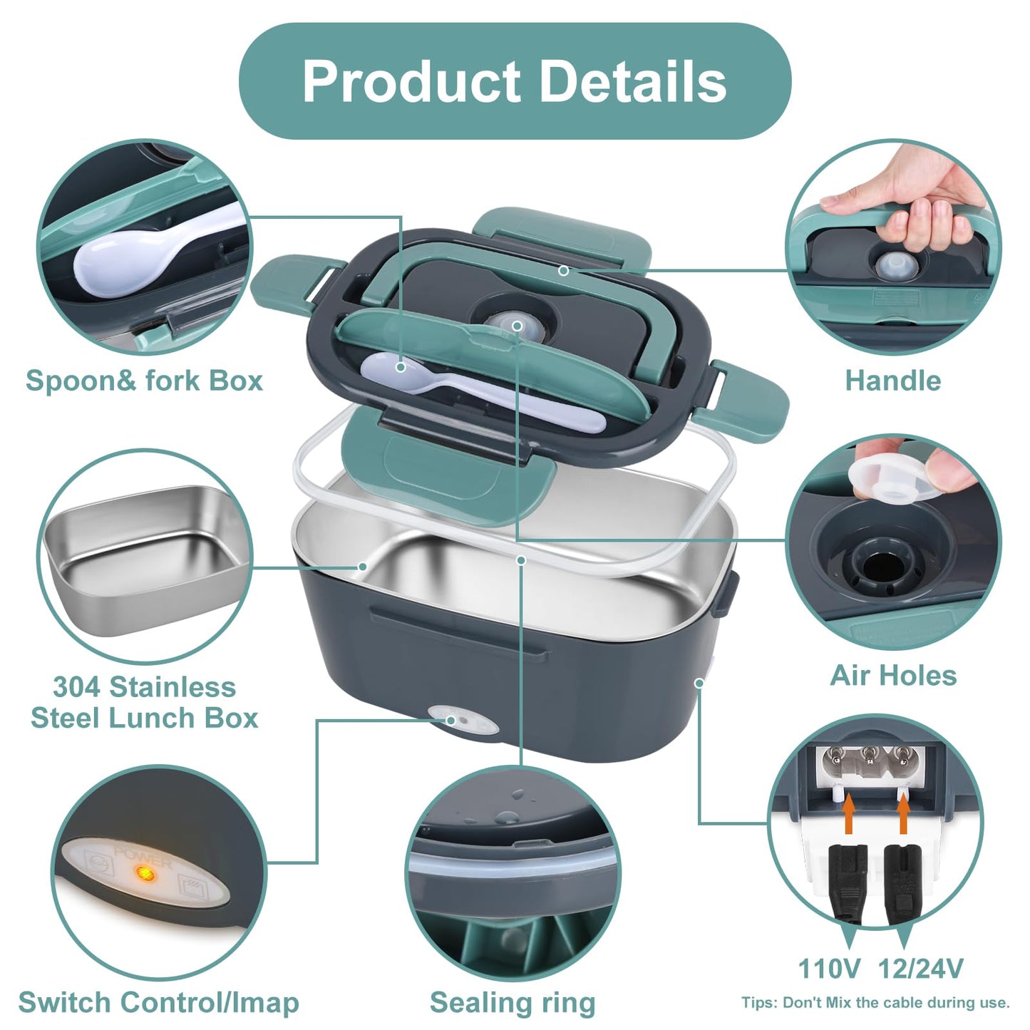 Herrfilk Electric Lunch Box Food Heater, 3 in 1 Ultra Quick Heated Lunch Boxes for Adults, 12V/24V/110V Portable Food Warmer for Car/Truck/Office With Fork Spoon and Insulated Carry Bag