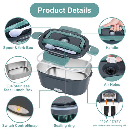 Herrfilk Electric Lunch Box Food Heater, 3 in 1 Ultra Quick Heated Lunch Boxes for Adults, 12V/24V/110V Portable Food Warmer for Car/Truck/Office With Fork Spoon and Insulated Carry Bag