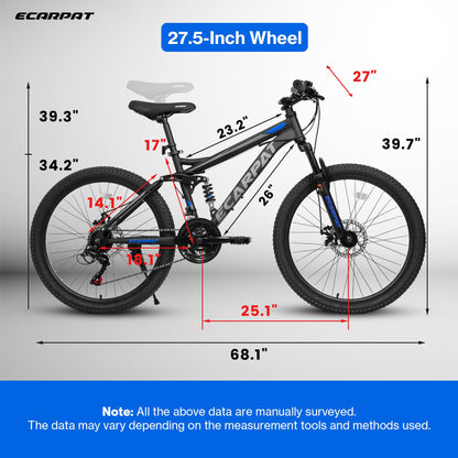 Ecarpat 27.5 Inch Mountain Bike for Men Women Adult, Carbon Steel Frame Mountain Bike with Full Suspension and Dull Disc Brake, 21-Speed MTB Bicycle, Black