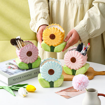 Ceramic Flower Makeup Brush Holder for Women Girls, Cute Pen Pencil Cup Pot for Desk Organizer, Bathroom Toothbrush Holder Home Office Decor (Yellow Sunflower)