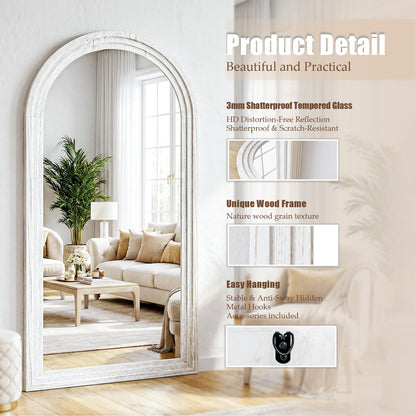 WISSMIELS 30"x71" Full Length Mirror Solid Wood Frame, Arched Floor Mirror Full Length with Stand, Room Decor Big Full Body Mirror with HD Tempered Glass for Bedroom, Living Room, White