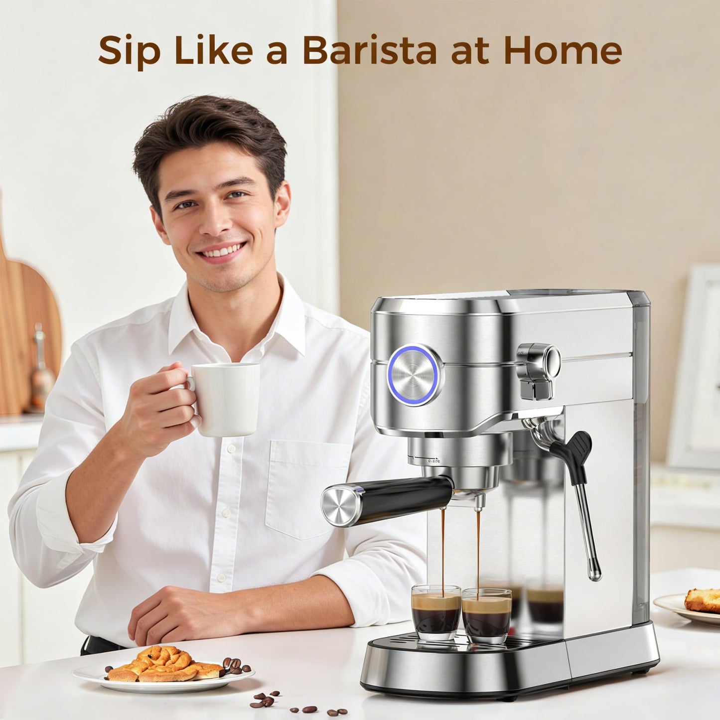 Electactic Espresso Machine 20 Bar, Compact Espresso Coffee Maker with Steam Milk Frother, Stainless Steel Coffee Machine with 34oz Removable Water Tank for Cappuccino, Latte