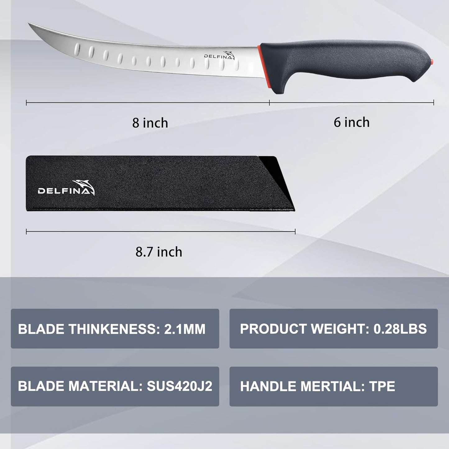 DELFINA Curved Breaking Knife 8 inch with Sheath & SoftGrip Handle, Butcher Knife for Meat Cutting, High Carbon