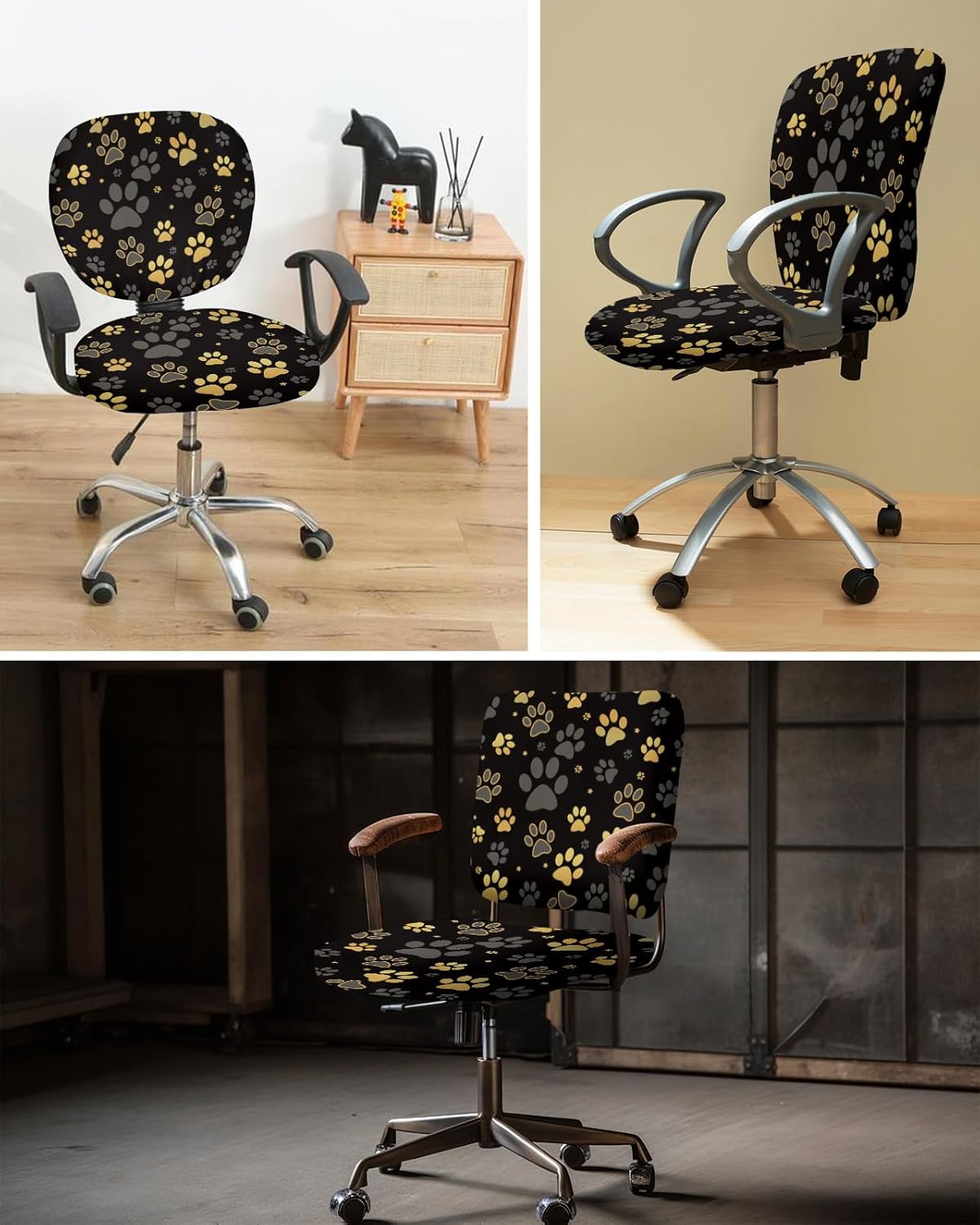 Computer Office Chair Cover, Yellow Paw Print on Black Background, Protective & Stretchable Desk Chair Slipcover