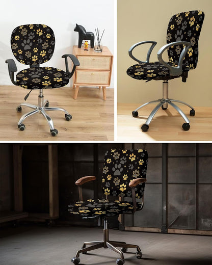 Computer Office Chair Cover, Yellow Paw Print on Black Background, Protective & Stretchable Desk Chair Slipcover