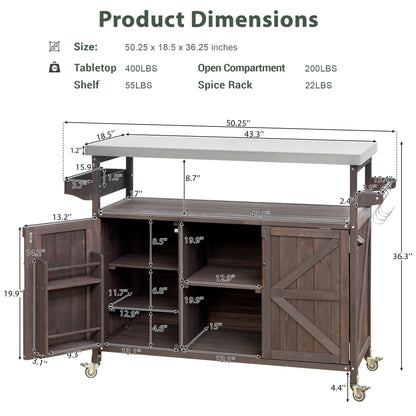 YOPTO Outdoor Kitchen Island Cart with Internal Storage Racks,Solid Wood Outdoor Grill Table W/Stainless Steel Top,4 Secure Locking Wheels,4 Hangers and Bottle Opener for Kitchen & BBQ,Dark Brown