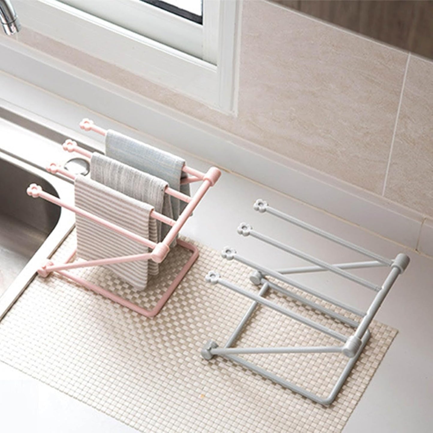 Countertop Dishcloth Drying Rack, 4 Arms Folding Holder for Kitchen Rag Storage, Vertical Stand (Light Pink)
