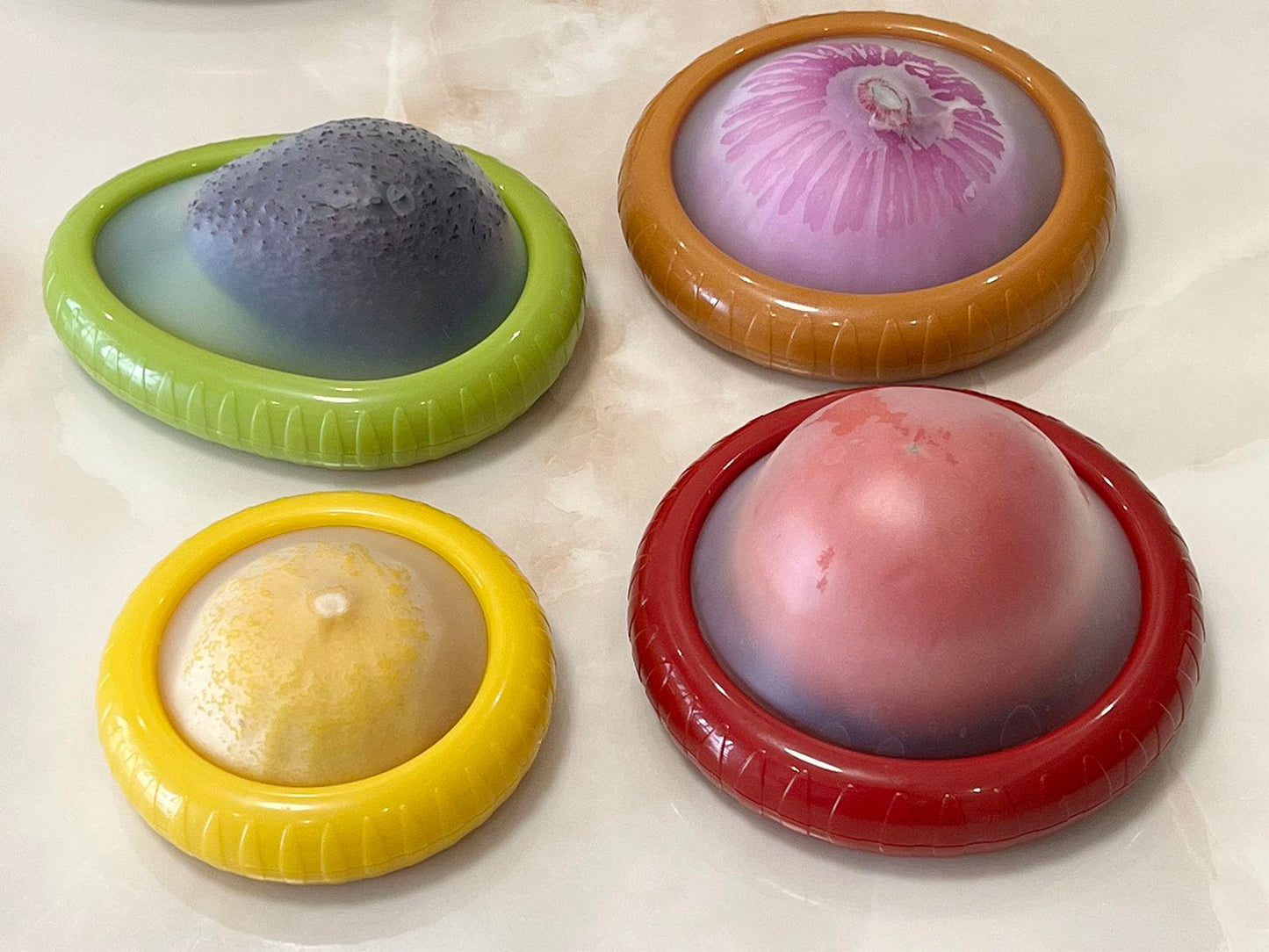halteoly 4PC Silicone Fruit and Vegetable Storage Containers Set for Fridge, Onion Storage Container, Avocado keeper,Tomato Saver,and Lemon holder