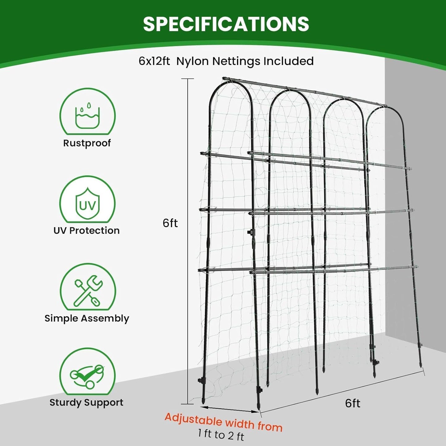6 OTOSUNNY Garden Trellis for Climbing Plants Outdoor, FT Tall Arch Tunnel, Metal A-Frame Plant Support with Trellis