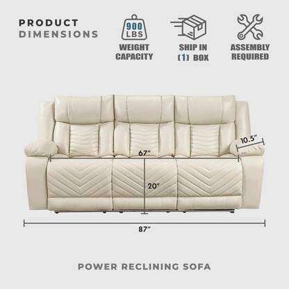 Lexicon Wall Hugger Power Double Reclining Sofa with Center Drop-Down Table, Faux Leather Home Theater Seating with LED Lighting/USB Charging Ports/Wireless Charger/Cup Holders, Magazine Pocket, Beige