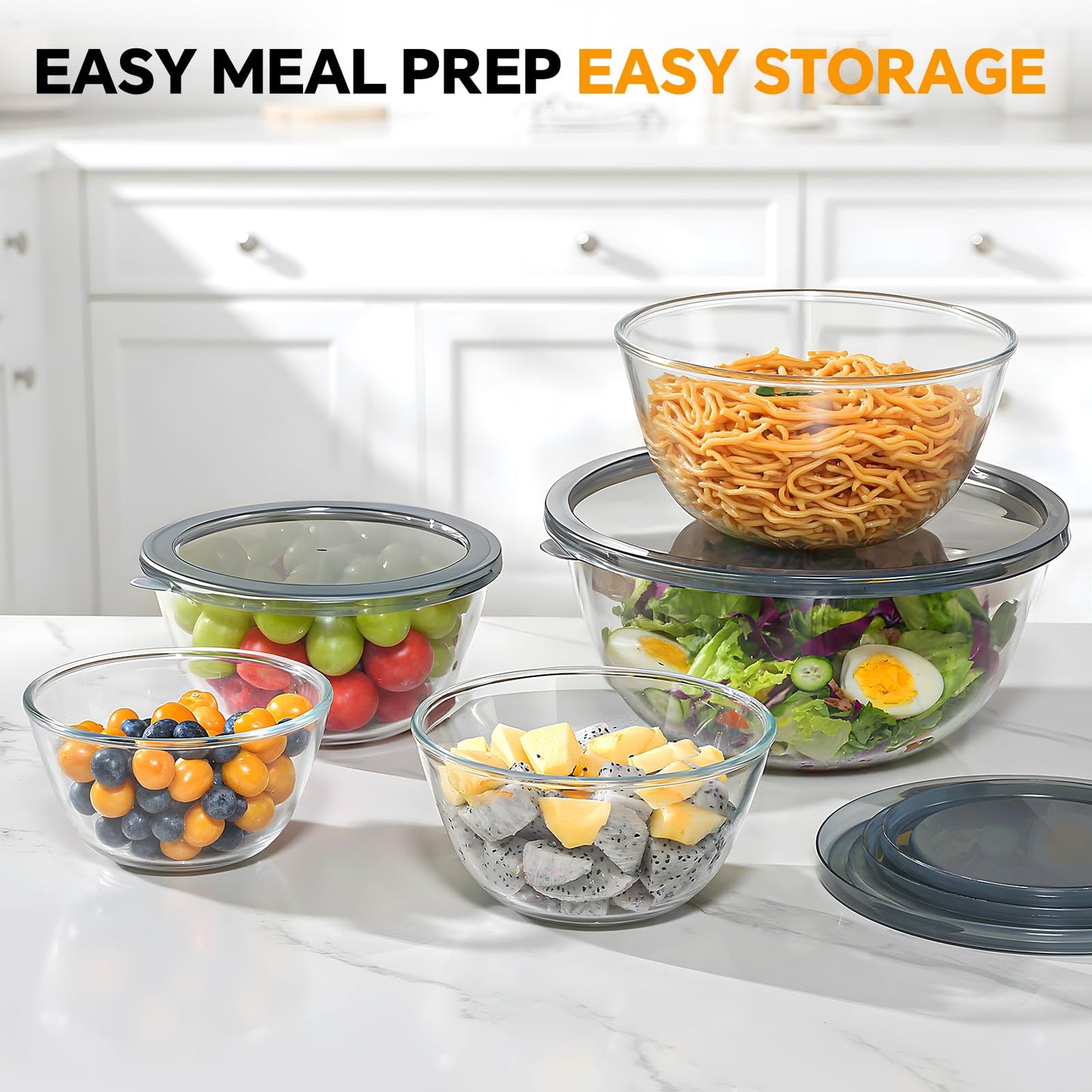 Glass Mixing Bowls with Lids Set of 5(4.78QT,2.2QT,1.7QT,1.1QT,0.85QT),Thick Glass Nesting Bowls for Kitchen Baking,Cooking Prep,Storage,Serving,Large Salad Bowls,Dishwasher Microwave Freezer Safe