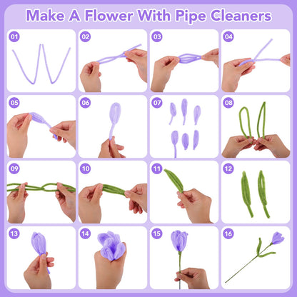 WSICSE 500Pcs Purple Pipe Cleaner Flower Kit, Pipe Cleaners Bulk Chenille Stems with Floral Wires, Gardening Tape,Stamen& Ribbon, Wrapping Paper (5 Colors)